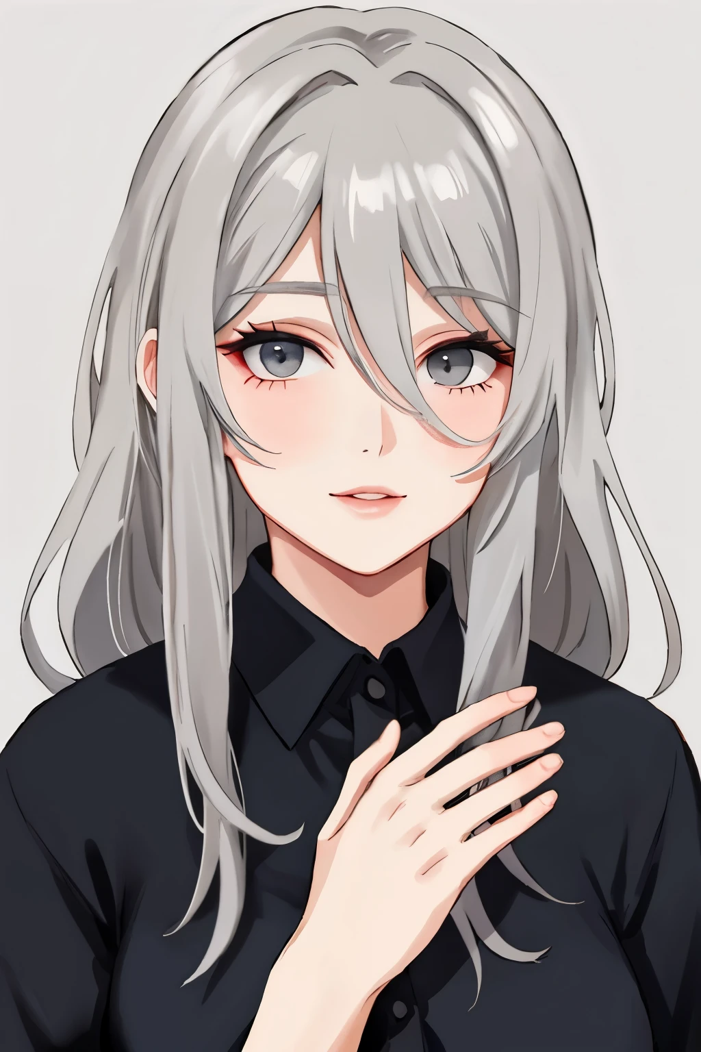 beautiful older woman with long grey hair and dark grey eyes