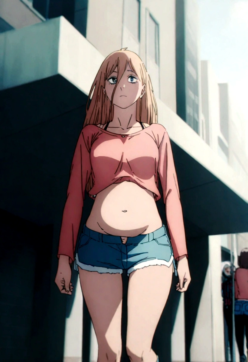 1 garora, wearing a short pink blouse revealing half of her belly,and short shorts half open in the middle, walking in the city