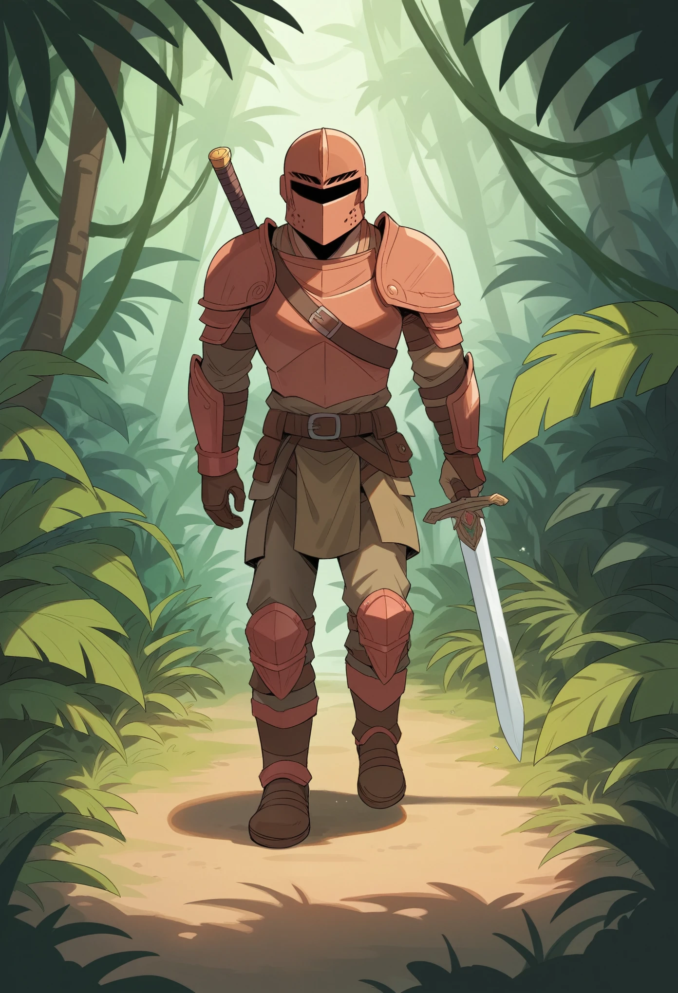 A warrior in armor with a sword, walking in a dense jungle, left foot forward, right foot back."Frame 2: "A warrior in armor with a sword, walking in a dense jungle, left foot flat on the ground, right foot starting to lift."Frame 3: "A warrior in armor with a sword, walking in a dense jungle, left foot flat, right foot passing by the left foot."Frame 4: "A warrior in armor with a sword, walking in a dense jungle, left foot starting to lift, right foot forward."Frame 5: "A warrior in armor with a sword, walking in a dense jungle, right foot forward, left foot back."