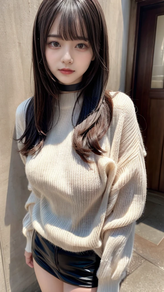highest quality、8k、32k、masterpiece、Hmph:1.2)、One Girl、Girl with long hair、Beautiful Japanese Woman、Black-haired、Heavy bangs、Long sleeve shirt、Hair length、A fluffy white sweater、Don't expose it、D Cup,choker、plump breasts, large breasts, Bright red eyeliner、full body