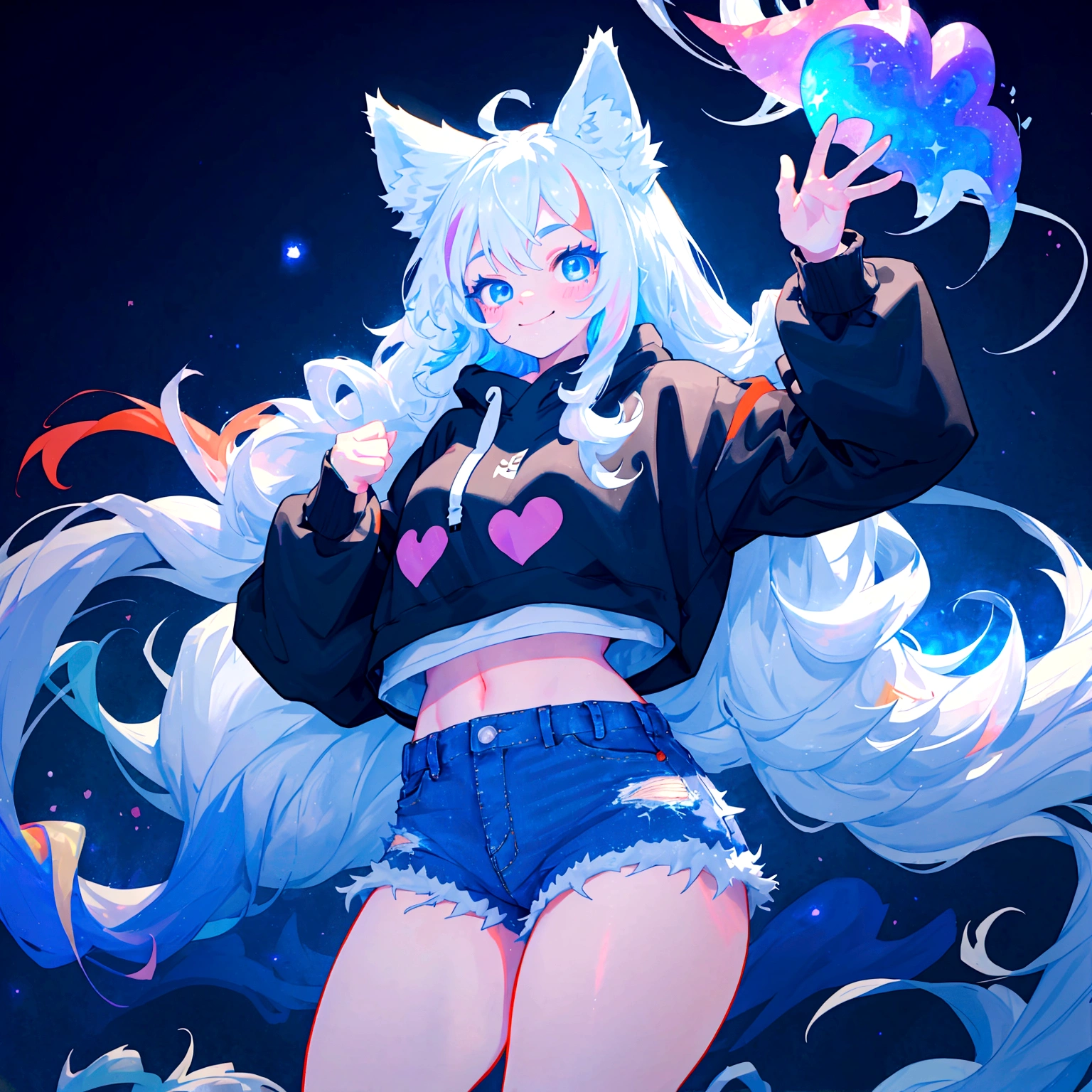 a cute adult male with wolf ears, long white hair, long locks, has a wolf tail, wearing a loose cropped black hoodie, wearing a pair of denim short shorts and fishnet stockings, thick thighs, wide hips, dancing on a mound of fluffy multi colored kawaii plushies, short, very slim, showing slender tummy, heart on hoodie, squishy thighs, has glowing blue eyes. alone, solo (ALONE)(SOLO), surrounded by rainbows, colorful galaxy backround, smiling