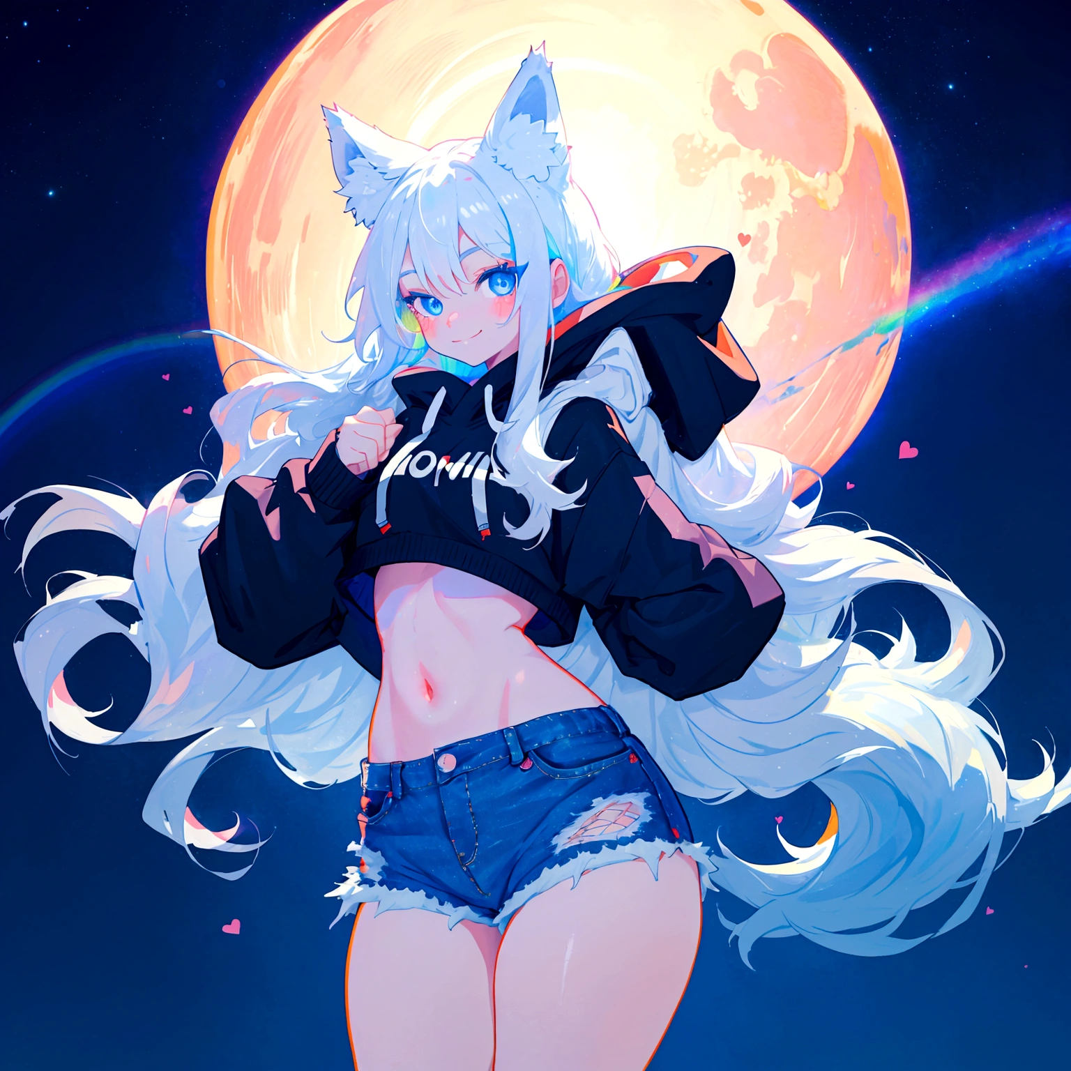 a cute adult male with wolf ears, long white hair, long locks, has a wolf tail, wearing a loose cropped black hoodie, wearing a pair of denim short shorts and fishnet stockings, thick thighs, wide hips, dancing on a mound of fluffy multi colored kawaii plushies, short, very slim, showing slender tummy, heart on hoodie, squishy thighs, has glowing blue eyes. alone, solo (ALONE)(SOLO), surrounded by rainbows, colorful galaxy backround, smiling