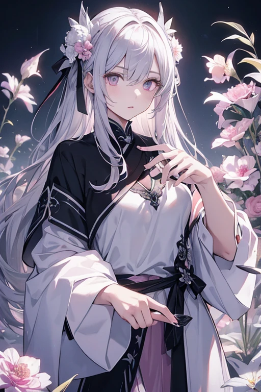 Masterpiece Best Night Full Moon 1 Female Mature Female Elder Sister Yu Sister Cold Face Expressionless Silver White Long Hair Woman Light Pink Lips Calm Intellectual Three Bands Gray Eyes Assassin Short Knife, Flowers, Hand Details, Finger Details,