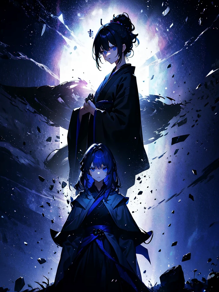 25-year-old girl、Rune background、black magician、Wearing a black robe、mesmerize、cute woman、Elegant hairstyle、indigo hair color、Slightly shorter hair、blue eyes、look at the viewer、masterpiece、Best image、