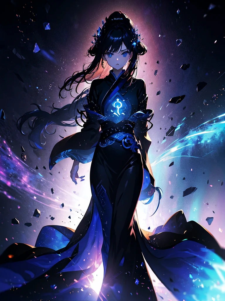 25-year-old girl、Rune background、black magician、Wearing a black robe、mesmerize、cute woman、Elegant hairstyle、indigo hair color、Slightly shorter hair、blue eyes、look at the viewer、masterpiece、Best image、