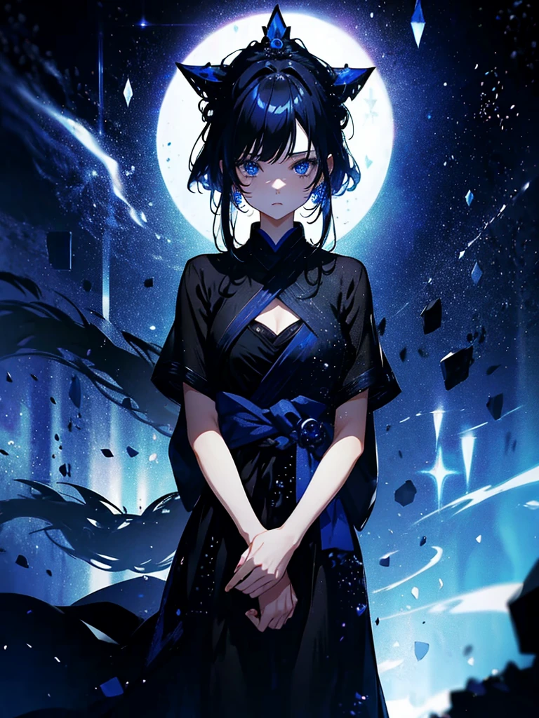 25-year-old girl、Rune background、black magician、Wearing a black robe、mesmerize、cute woman、Elegant hairstyle、indigo hair color、Slightly shorter hair、blue eyes、look at the viewer、masterpiece、Best image、