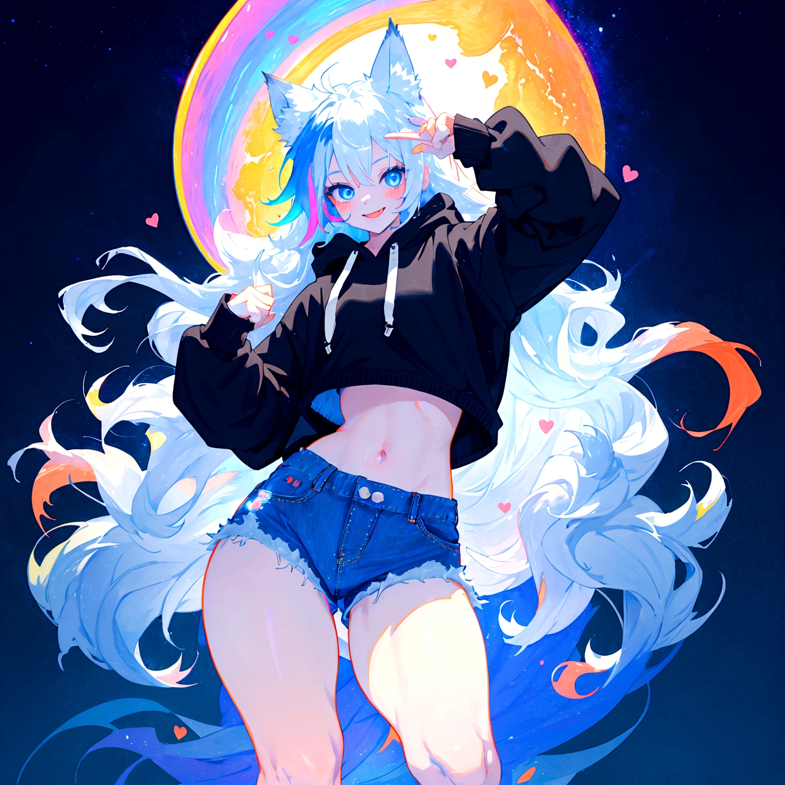 a cute adult male with wolf ears, long white hair, long locks, has a wolf tail, wearing a loose cropped black hoodie, wearing a pair of denim short shorts and fishnet stockings, thick thighs, wide hips, dancing on a mound of fluffy multi colored kawaii plushies, short, very slim, showing slender tummy, heart on hoodie, squishy thighs, has glowing blue eyes. alone, solo (ALONE)(SOLO), surrounded by rainbows, colorful galaxy backround, smiling