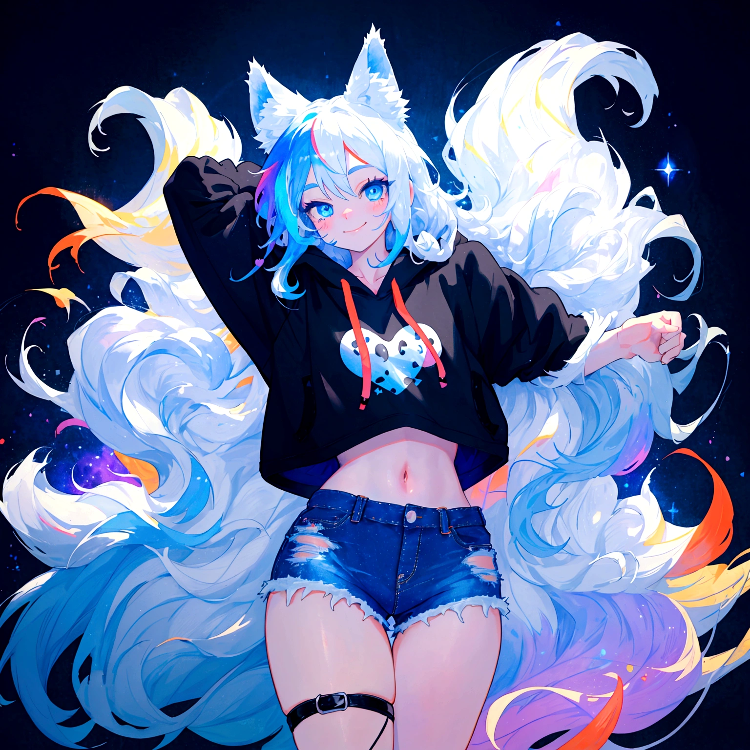 a cute adult male with wolf ears, long white hair, long locks, has a wolf tail, wearing a loose cropped black hoodie, wearing a pair of denim short shorts and fishnet stockings, thick thighs, wide hips, dancing on a mound of fluffy multi colored kawaii plushies, short, very slim, showing slender tummy, heart on hoodie, squishy thighs, has glowing blue eyes. alone, solo (ALONE)(SOLO), surrounded by rainbows, colorful galaxy backround, smiling