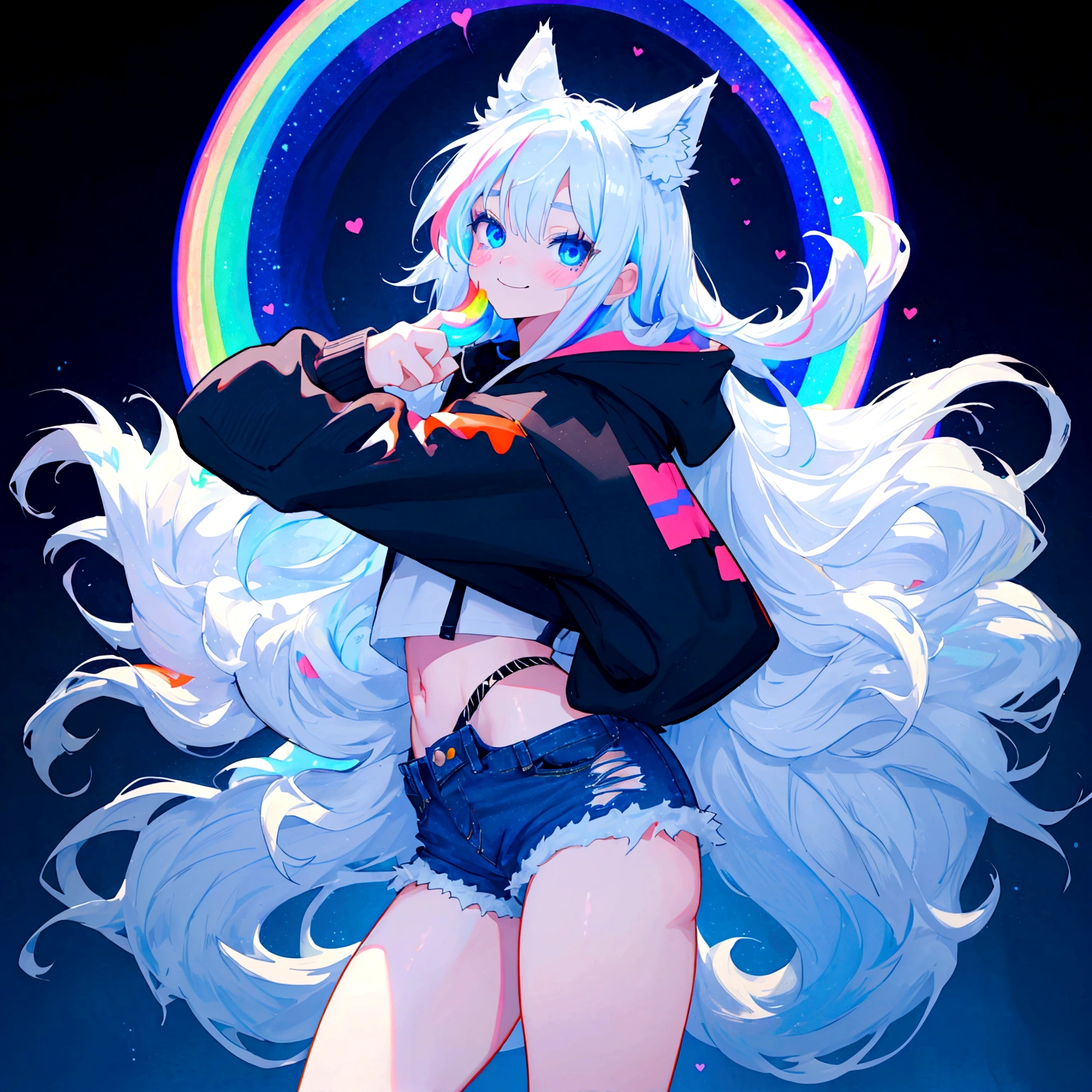 a cute adult male with wolf ears, long white hair, long locks, has a wolf tail, wearing a loose cropped black hoodie, wearing a pair of denim short shorts and fishnet stockings, thick thighs, wide hips, dancing on a mound of fluffy multi colored kawaii plushies, short, very slim, showing slender tummy, heart on hoodie, squishy thighs, has glowing blue eyes. alone, solo (ALONE)(SOLO), surrounded by rainbows, colorful galaxy backround, smiling