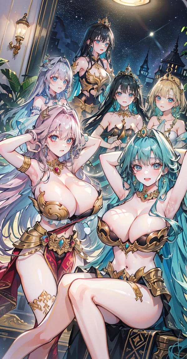Group of 5 princesses,(6 young women,many young women), (in the bedroom), Various hair styles, harem,(shiny armor, Beautiful crowns and jewelry,crystal filigree jewelry), at night, detailed face, big breasts,Breast curtain, long skirt, mule, Sleeveless , Show your armpits, at night, starry at night,(large areolae:1.4,pink,The nipples are clearly visible....),(Various poses),Highest quality、Highest picture quality、Masterpiece