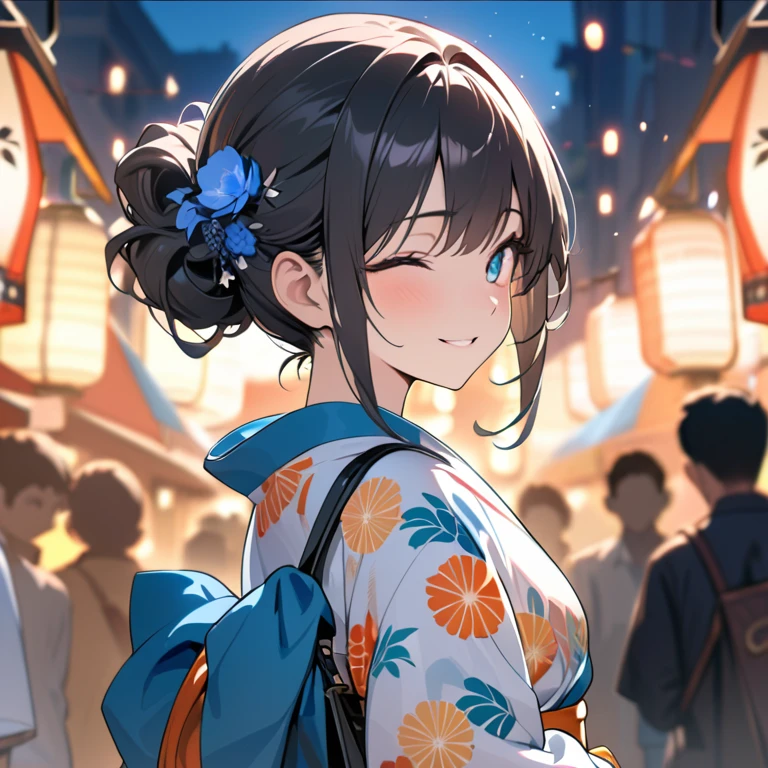 (best quality,8k,highres, masterpiece:1.2), (anime style),ultra-detailed, HDR, UHD, studio lighting, ultra-fine painting, sharp focus, physically-based rendering, extreme detail description, professional, vivid colors, bokeh, portraits, concept artists, warm color palette, dramatic lighting,Summer festival night,1 beautiful woman,(blue flower pattern kimono),updo, big smile, closed eyes, (The cityscape lined with the fairs of summer festivals),(beautiful hair, glowing skin,),(Silhouette of a passing crowd),(fireworks in sky background),Holding a Hermès Kelly Bag