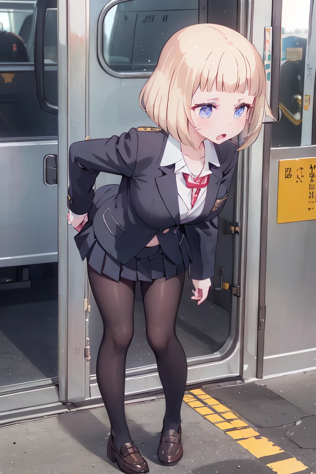 (8K、Highest quality、highest quality、masterpiece)、Detailed face、One girl、on the train、Put your hands on the door、Press against chest、((ドアの窓ガラスにPress against chest1.4))、、short hair、、blunt bangs、Grey Eyes、、、((Blazer jacket uniform))、((Pleated skirt))、((No panties))、((bent over))、Back Alley Background、Very large breasts、Nipples are visible、、Black Pantyhose、Milk dripping from nippleilk spurting from the nipple、、Open your mouth、Troubled face、Love juice from the genitals、Full body portrait、Black Loafers、One man、Hearts in the eyes、Sex with a man、A man stands behind、A man grabs my waist from behind、Standing doggy style、Put your hand on the door