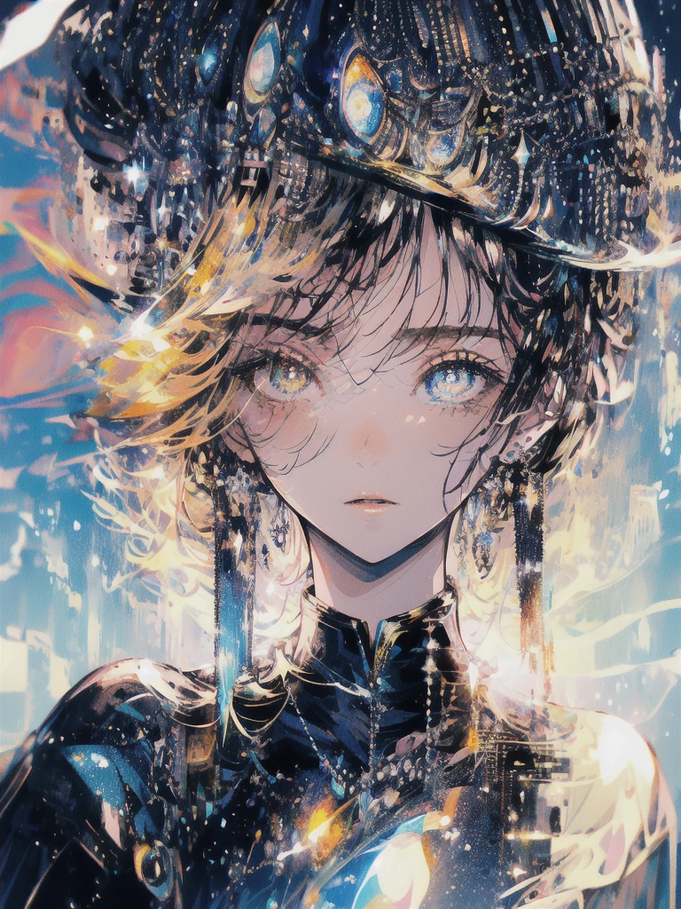 ((masterpiece, highest quality, Super detailed, High resolution)), alone, beautiful girl, shining eyes, perfect eyes, 15 years old, black white gold theme,