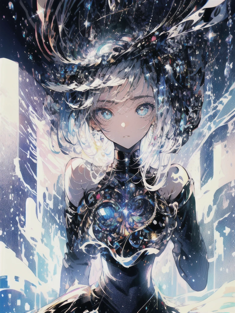 ((masterpiece, highest quality, Super detailed, High resolution)), alone, beautiful girl, shining eyes, perfect eyes, 15 years old, black white gold theme,