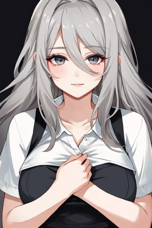 beautiful older woman with long grey hair and dark grey eyes