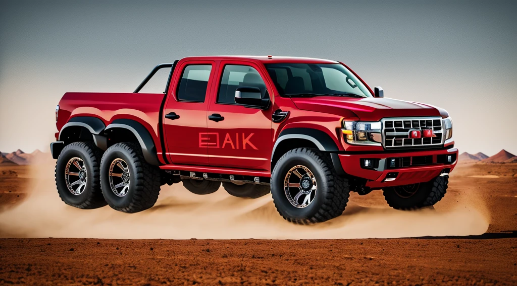 ((Best Quality)), ((masterpiece)), Highly detailed, 8K, red 6x6 heavy pickup truck, red matte paint, square headlights, boxy angles, square headlights, (peterbilt influence:0.7), bright arizona desert background with clear sky, plain mesa background, cel-shaded, line art, bold black outlines, comic style, inkpunk, bright photoshoot lighting