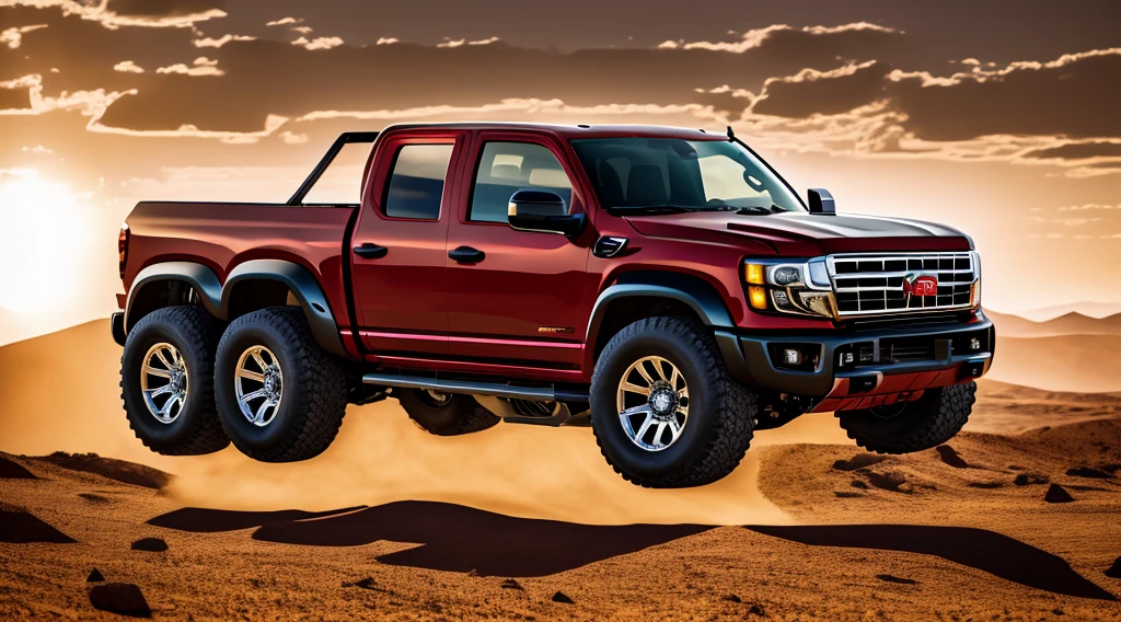 ((Best Quality)), ((masterpiece)), Highly detailed, 8K, red 6x6 heavy pickup truck, red matte paint, square headlights, boxy angles, square headlights, (peterbilt influence:0.7), bright arizona desert background with clear sky, plain mesa background, cel-shaded, line art, bold black outlines, comic style, inkpunk, bright photoshoot lighting