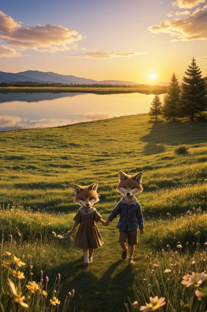 ((best quality)), ((masterpiece)), (Detailed), An anthropomorphic little wolf boy and an anthropomorphic little fox girl sit hand in hand in a meadow by a lake and watch the sunset.