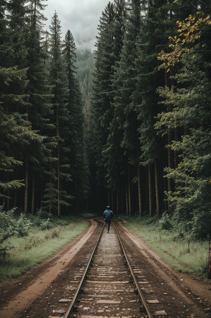 A lone man walking through the middle of a track and this passes through the middle of a cloudy forest
