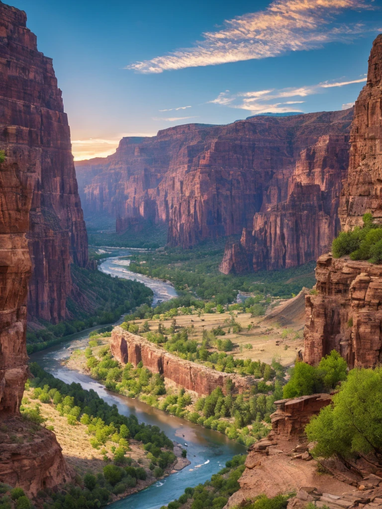 River View, flowing through the valley, Against the background of the mountain, Sunset in the valley, mountains river trees, Green River Photos, stunning landscape image, Landscapes of the American West, mystical setting, Mysterious canyon streams, Stunning landscape, mountains and rivers, 4K безмятежный, Mark Adams, canyon background, Scott Gustafson, Magnificent landscapes,HDR,8k render.extrarealistic landscape