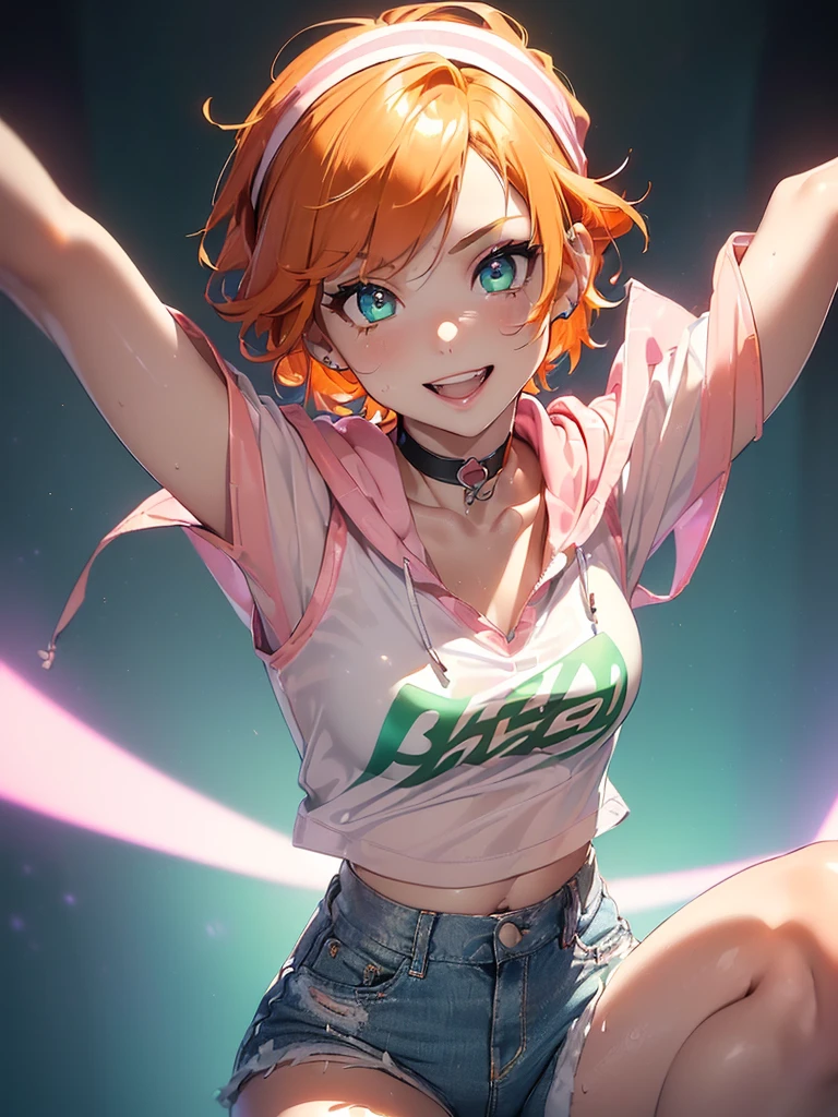 (masterpiece)(8k)(cute)(25-year old woman)(from below)(1girl:1.5)(solo:1.8)(wild hair:1.3)(short hair:1.3)(orange hair)(shiny hair:1.2)(flat chest:1.3)(white bandana:1.2)(green pupils)(glossy skin:1.2)(glossy lips)(glossy eye-shadow:1.2)(shiny)(playful)(choker necklace)(pink hoodie:1.2)(translucent t-shirt:1.3)(denim shorts)(shiny legs:1.2)(tennis shoes)(happy and smiling:1.3)(energetic:1.2)(sweaty:1.4)(detailed facial features:1.2)(bright)(new england)
