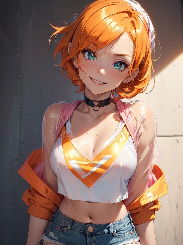 (masterpiece)(8k)(cute)(25-year old woman)(from below)(1girl:1.5)(solo:1.8)(wild hair:1.3)(short hair:1.3)(orange hair)(shiny hair:1.2)(flat chest:1.3)(white bandana:1.2)(green pupils)(glossy skin:1.2)(glossy lips)(glossy eye-shadow:1.2)(shiny)(playful)(choker necklace)(pink hoodie:1.2)(translucent t-shirt:1.3)(denim shorts)(shiny legs:1.2)(tennis shoes)(happy and smiling:1.3)(energetic:1.2)(sweaty:1.4)(detailed facial features:1.2)(bright)(new england)