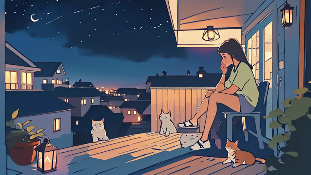 a girl sitting on a porch with a cat, with a view of the night sky