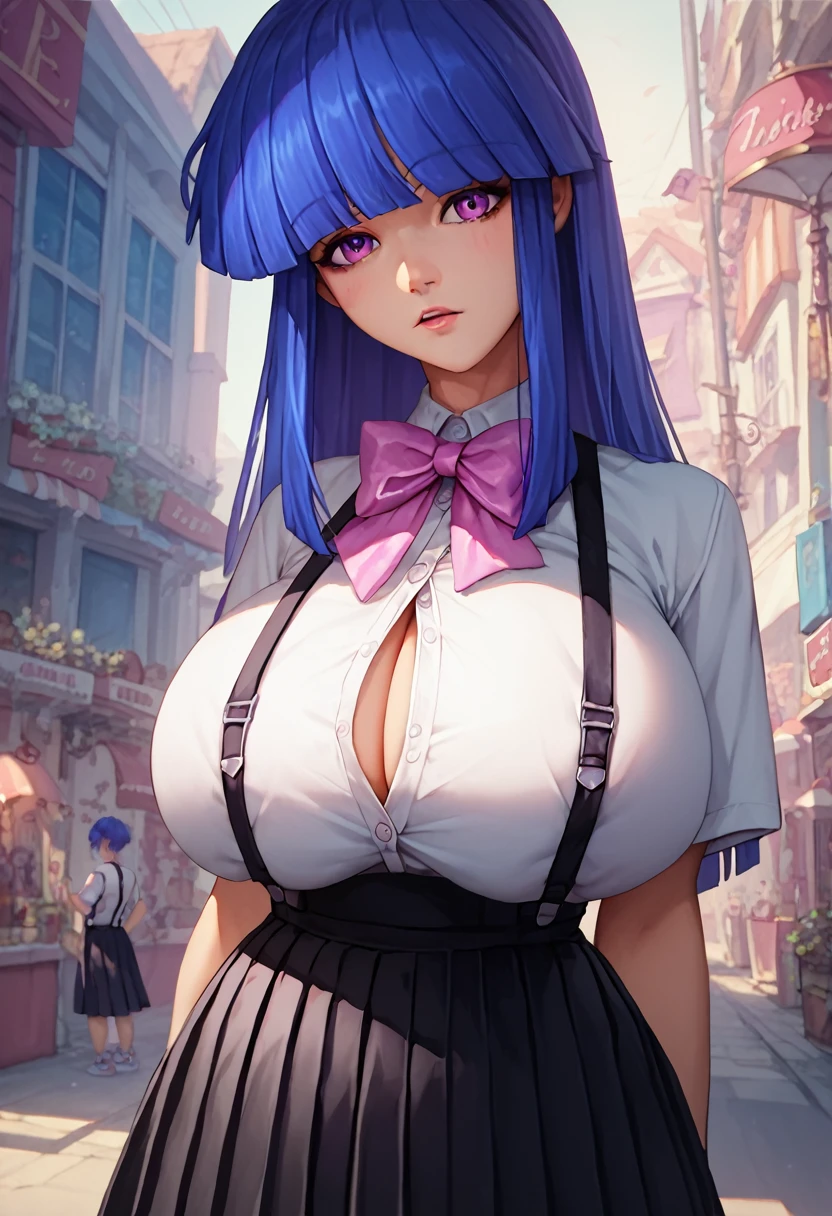 score_9, score_8_up, score_7_up, 1girl, solo, masterpiece, best quality, detailed, narrow waist, wide hips, huge breasts, huge ass, furude rika, blue hair, purple eyes, white shirt, pink bow, suspenders, black skirt, button gap, bursting breasts, pleated skirt, 