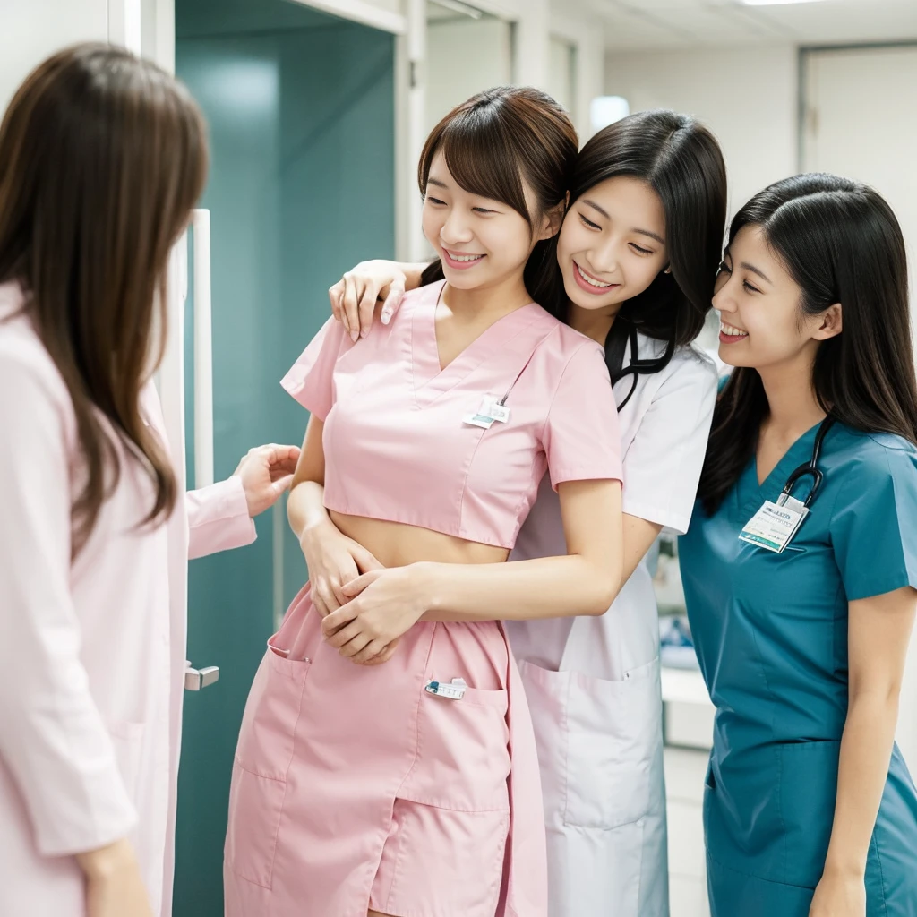 Beautiful Japanese female doctor in white labcoat and teal scrubs hugging cute Japanese female nurse in pink nurse uniform , (2 girls), slim, narrow waist