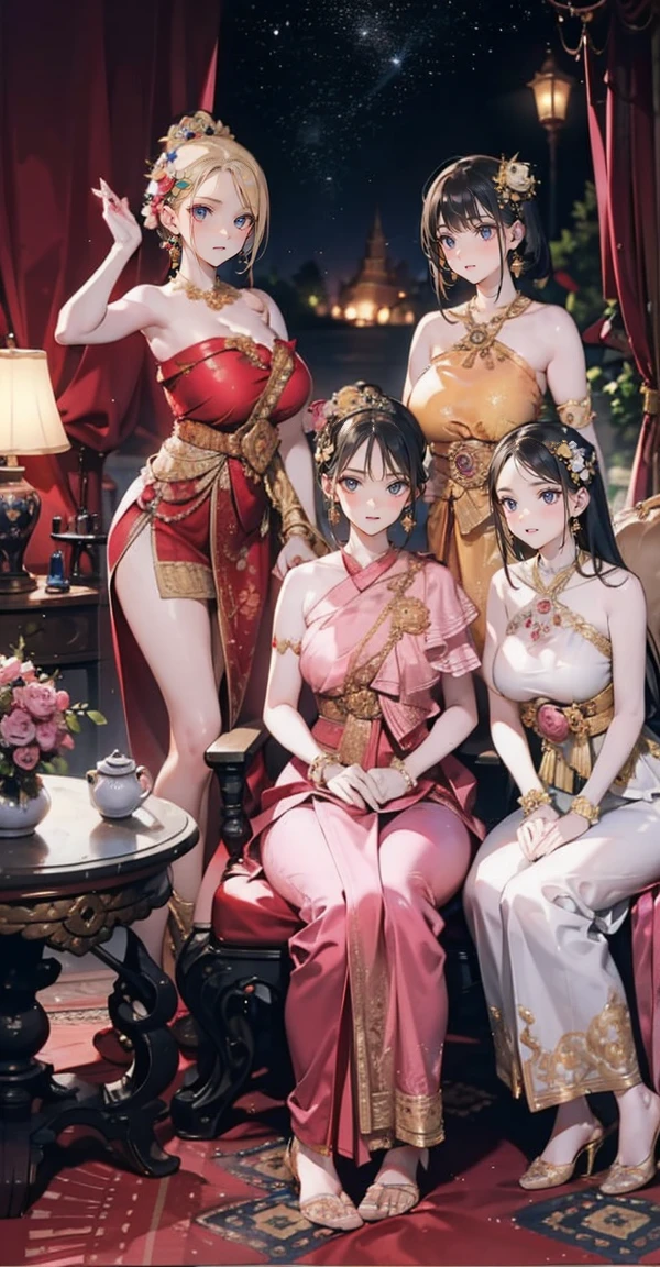 Group of 5 princesses,(5 young women,many young women), (in the bedroom), Various hair styles, harem, Wearing a strapless Thai dress..,(no bra,no panties) at night, detailed face,Complete breasts,Complete Hand, ((big breasts,Breast curtain,partially naked)) short skirt, mule, Sleeveless , Show your armpits, at night, starry at night,(large areolae:1.4,pink,The nipples are clearly visible....),((Various poses),(look at viewer:1.5),milf, Highest quality、Highest picture quality、Masterpiece