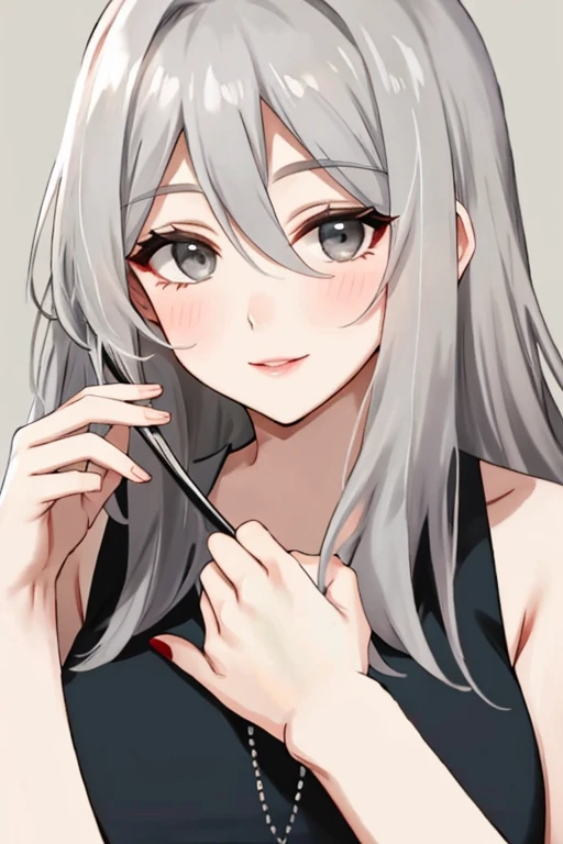 beautiful older woman with long grey hair and dark grey eyes