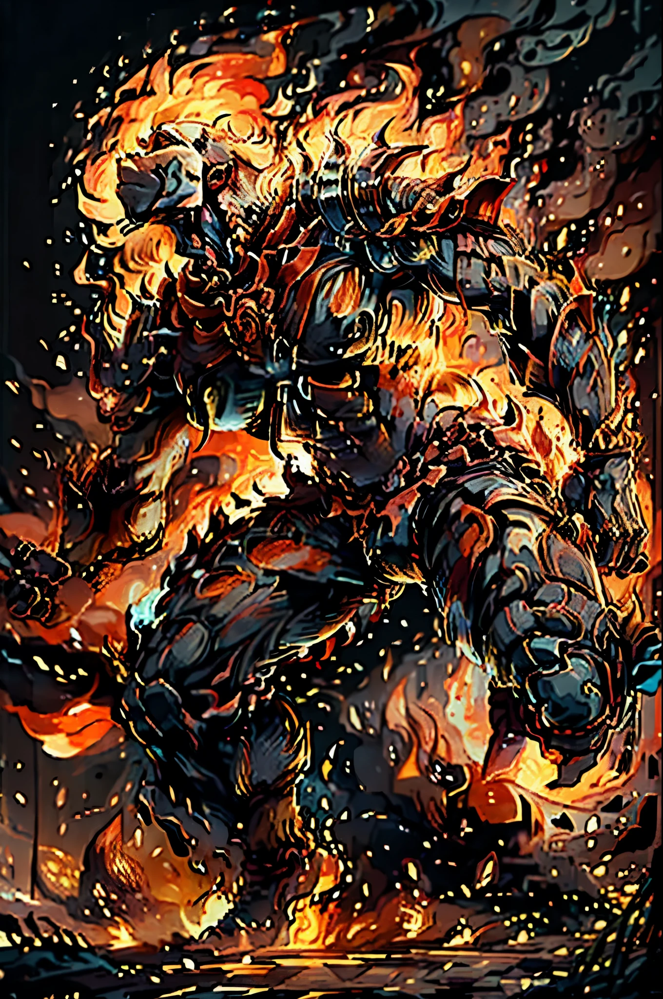 A fire spirit, being made of fire, looking up, A dynamic and cinematic portrait of a being made entirely of fire, with the entire figure composed of vibrant and detailed flames.