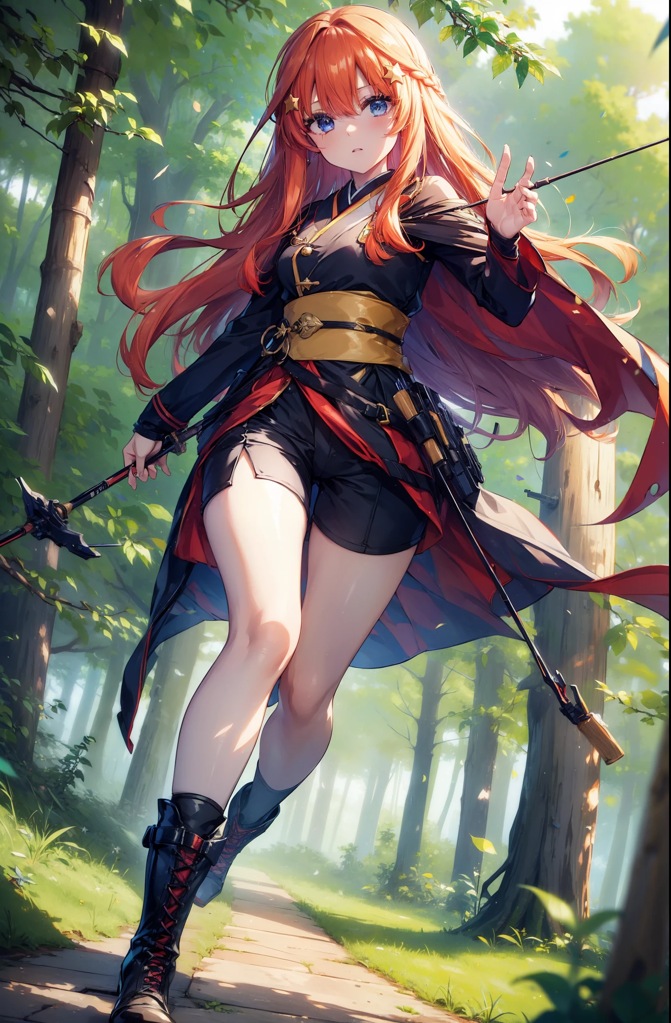 itsukinakano, itsuki nakano, bangs, blue eyes, Hair between the eyes, Redhead, star \(symbol\), hair ornaments, star hair ornaments,Long Hair,Owns an archery grip in the right hand,Carrying an archery bag,He has a quiver on one side, boots, Cape,gloves, red Knee socks, High heels, Shorts, Knee socks,whole bodyがイラストの中に入っていくように,歩いている
break outdoors, forest,forest林, break looking at viewer,whole body, 
break (masterpiece:1.2), Highest quality, High resolution, unity 8k wallpaper, (shape:0.8), (Fine and beautiful eyes:1.6), Highly detailed face, Perfect lighting, Highly detailed CG, (Perfect hands, Perfect Anatomy),