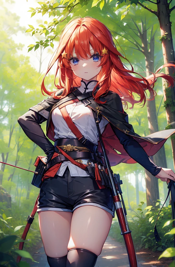 itsukinakano, itsuki nakano, bangs, blue eyes, Hair between the eyes, Redhead, star \(symbol\), hair ornaments, star hair ornaments,Long Hair,Owns an archery grip in the right hand,Carrying an archery bag,He has a quiver on one side, boots, Cape,gloves, red Knee socks, High heels, Shorts, Knee socks,whole bodyがイラストの中に入っていくように,歩いている
break outdoors, forest,forest林, break looking at viewer,whole body, 
break (masterpiece:1.2), Highest quality, High resolution, unity 8k wallpaper, (shape:0.8), (Fine and beautiful eyes:1.6), Highly detailed face, Perfect lighting, Highly detailed CG, (Perfect hands, Perfect Anatomy),