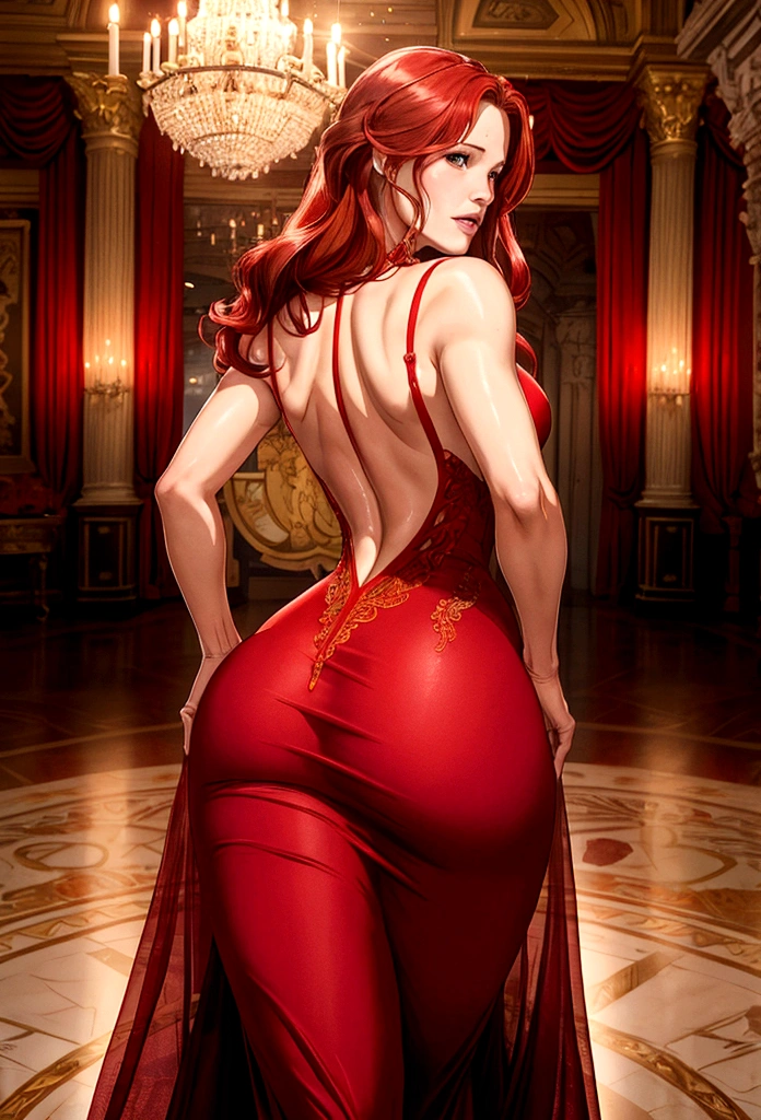 Jennifer Garner in a tight red evening dress, very sexy and revealing, with red bands, ((Red hair)), ((back view)), ((rear towards the camera)), in the ballroom of a castle
