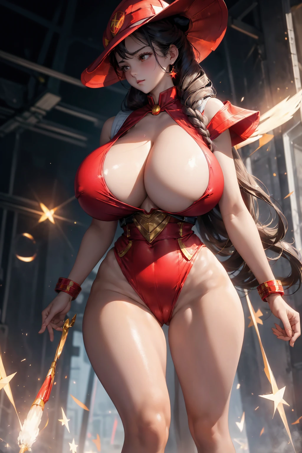 masterpiece, Soviet superhero, Sailor Moon style witch, Soviet Young Pioneers, Red tie, Red hat on head，huge , Crazy breast swelling, Chest larger than shoulder blades, Big breasts and thin waist，(huge breasts:1.2)，Hydrated skin（（rogue））（（非常huge乳房）），（（Grooves reveal original skin）)