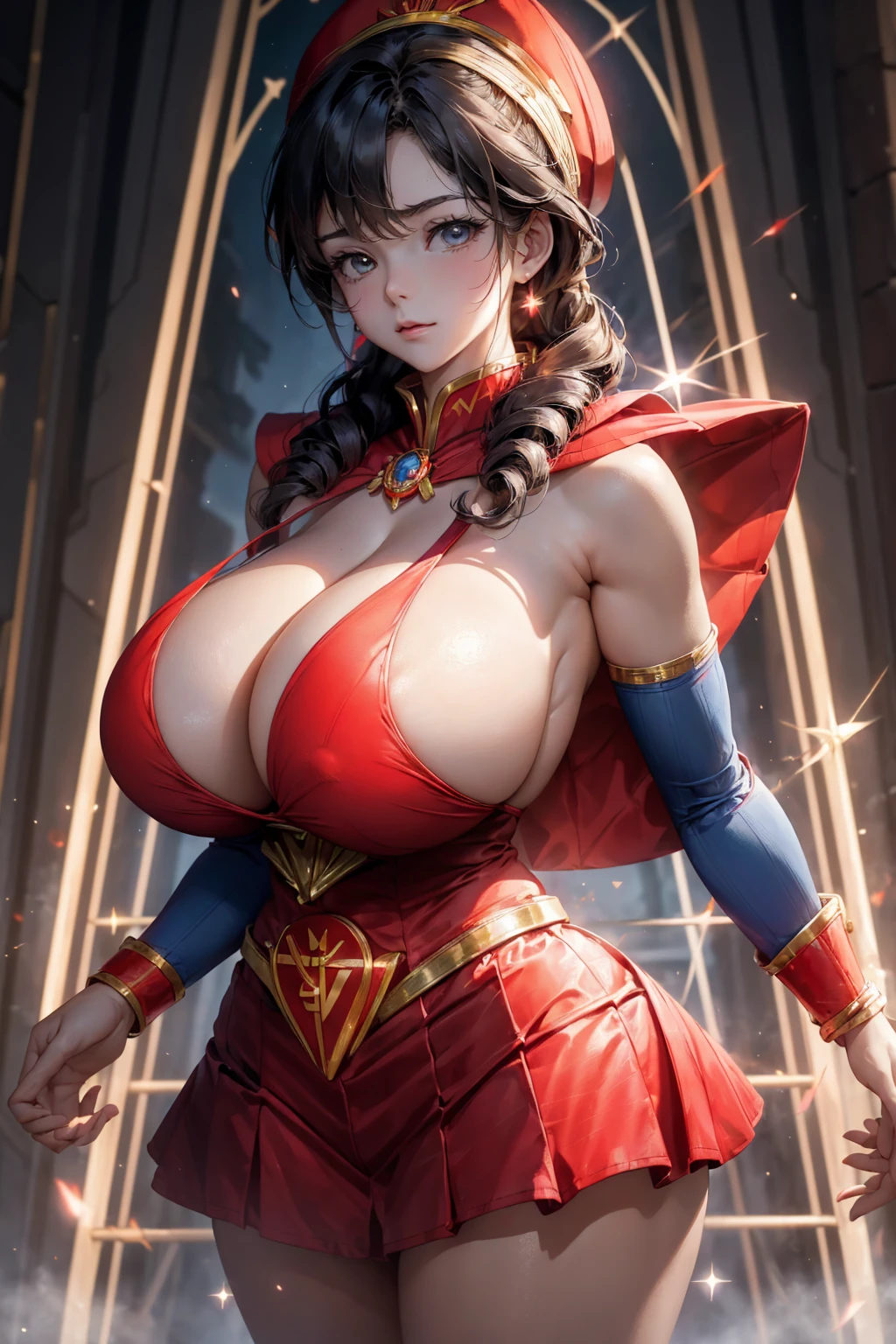 masterpiece, Soviet superhero, Sailor Moon style witch, Soviet Young Pioneers, Red tie, Red hat on head，huge , Crazy breast swelling, Chest larger than shoulder blades, Big breasts and thin waist，(huge breasts:1.2)，Hydrated skin（（rogue））（（非常huge乳房）），（（Grooves reveal original skin）)