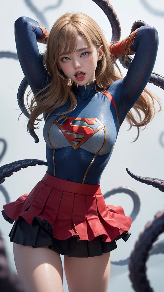 (8k、Highest quality、masterpiece:1.2)、(Realism、Photorealistic:1.37)、Ultra high definition、(Highest quality)、(masterpiece)、Supergirl trapped by tentacles、(Perfect fit body、Perfect fit、Perfect Thighs)、(((Wearing the Supergirl suit、skirt、Damaged、Torn、Thighs in Torn clothes、 Exposed arms)))、Long Hair、Long Hair、(((Tattered clothes、Too much exposure、Torn clothes、引き裂かれたskirt、ボロボロのskirt、White liquid all over the body、White liquid sticks to the body、 on the face、胸に白colorの液体、)))、(((The background is a prison、Hands clasped behind head、Surrounded by tentacles、The body is connected by many tentacles.、Hands bound by tentacles、The legs are tied with tentacles、Tentacles groping the whole body、color々Mature woman posing))),(Open your mouth、Scream、painでうめき声をあげる, painを感じ, Flowing Tears:1.5), pain, I&#39;m in pain and crying、A meat stick is stuck in his crotch、