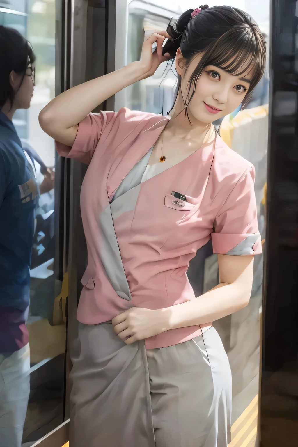 (masterpiece:1.2, Highest quality:1.2), 32k HDR, High resolution, (alone、1 girl)、 (Height: 160cm)、(On the rooftop of a building in the daytime、Professional Lighting)、Building rooftop background、(Nankai train crew uniform pinkを着たリアルスタイル)、(Nankai train crew uniform pink short sleeve collarless pink jacket、Nankai Train Crew Uniform Pink Collarless Short Sleeve Blouse、Nankai Train Crew Uniform Pink Grey Knee-length Culottes)、(The pink jacket is showing from the culottes.)、Dark brown hair、(Hair tied up、Hair tied up、Evening curly hairstyle)、Dark brown hair、Long Shot、Big Breasts、Thin legs、((Great hands:2.0)),((Harmonious body proportions:1.5)),((Normal limbs:2.0)),((Normal finger:2.0)),((Delicate eyes:2.0)),((Normal eyes:2.0)))、smile、(Nankai Train Crew Uniform Pink Grey Knee-length Culottesを見せた美しい歩く姿)、Place your hands around your stomach、Lanyard employee ID card
