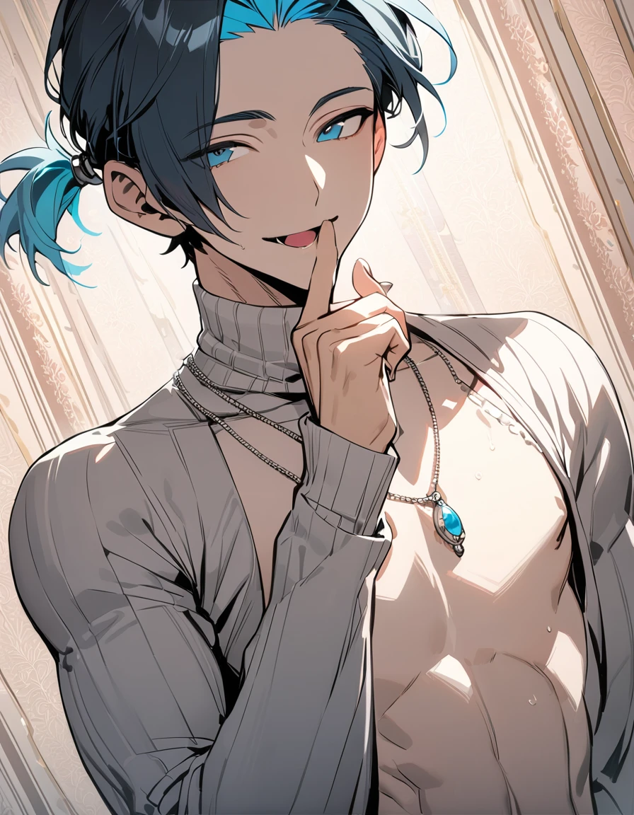 ((((best masterpiece, best quality, wallpaper,)))) solo, guy, male body, small muscles, flat chest, 1male, 30 years old, handsome man, dramatic angle, upper body, looking at viewers, beautiful detailed, finger to mouth, mediumturquoise hair, ((((Lower short ponytail)))), asymmetrical bangs, ((short hair,)) light smile, (((^o^, tareme, droopy eyes,))) perfect face, extremely detailed eyes, perfect hands, sharp nose, seductive smile, clear face, black turtleneck, grey cardigan, ((silver piercing, simple silver necklace,)) leggings, pink background color ultrasharp, 8K, masterpiece,