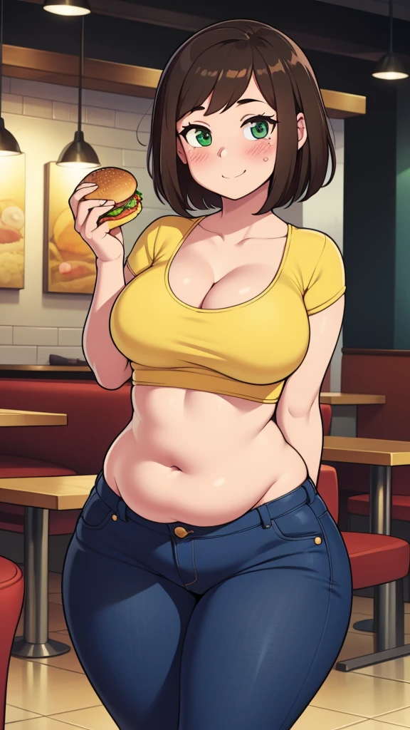 ((highres)), Masterpiece, high quality, best quality, beautiful, perfect lighting, detailed face, ultra cute face, looking at viewer, on a date, ((blush)), affectionate smile, ((1girl)), ((solo)), brown hair, fluffy hair, green eyes, jeans, crop top, tight clothes, fast food restaurant, medium breasts, cleavage, wide hips, ((thick thighs)), ((chubby)), chubby belly, standing, arms behind back, leaned over, cute pose,