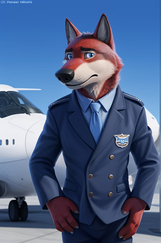 Ivan Fedorovich Wolfbach (Novosibirsk) ,tall handsome, wolf,young, 24 years, brown fur,Kind,(red body:1.3),beautiful blue eyes,Novosibirsk,dressed,civil aviation pilot uniform,White shirt,epaulets командира, черный tie, trousers,airline pilot, commander's cap, trousers,canine, wolf, detailed fur, male, second, paw pads, finger claws,At the viewer, 5 fingers, paws, 5 fingers, smile, wrist watch, т nextel,by xenoforge, (difficult, high detail, digital photography, soft focus, RAW,goes for a walk, ,Very close to the camera,airport,Novosibirsk, smile, good mood, positive, Very close to the camera, plaid shirt, At the hairdresser, without hair, epaulets captain,
Photorealism, realistic, photorealistic, digital style, Subsurface scattering,I look at the viewer,стоит White shirt, epaulets, captain, trousers, tie, next to a Boeing 747 400 plane, close to the camera,
masterpiece, Best quality, ultra realistic, 8 thousand.)
