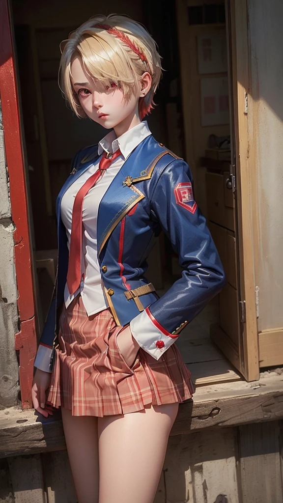 ((masterpiece))、(((Highest quality)))、((Super detailed)),(((17 years old)))、(Blonde Short Hair)、(Barrette)、(((Hair on one eye)))、(((Hide one eye with hair)))、(((Red eyes)))、(Blue blazer)、White shirt、Red tie、Brown plaid skirt、Mao Sen Moon Song、
