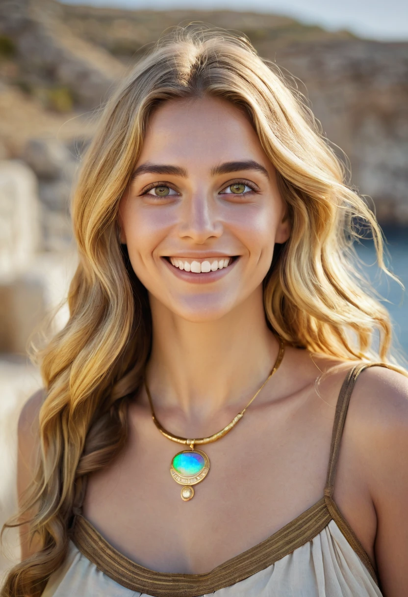 mackenna grace face, greek woman, golden hair, long hair, golden necklace with iridescent gem on it, golden eyes, smiling, no makeup, 30 years old, ancient greece, simple chiton, greek background, simple beauty