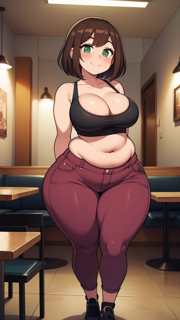 ((highres)), Masterpiece, high quality, best quality, beautiful, perfect lighting, detailed face, ultra cute face, looking at viewer, on a date, ((blush)), affectionate smile, ((1girl)), ((solo)), brown hair, fluffy hair, green eyes, jeans, crop top, tight clothes, fast food restaurant, medium breasts, cleavage, wide hips, ((thick thighs)), ((chubby)), chubby belly, standing, arms behind back, leaned over, cute pose,