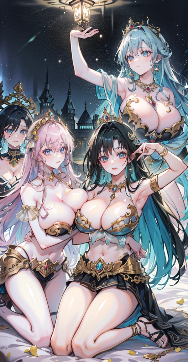 Group of 5 princesses,(6 young women,many young women), (in the bedroom), Various hair styles, harem,(shiny armor, Beautiful crowns and jewelry,crystal filigree jewelry), at night, detailed face, big breasts,Breast curtain, long skirt, mule, Sleeveless , Show your armpits, at night, starry at night,(large areolae:1.4,pink,The nipples are clearly visible....),(Various poses)