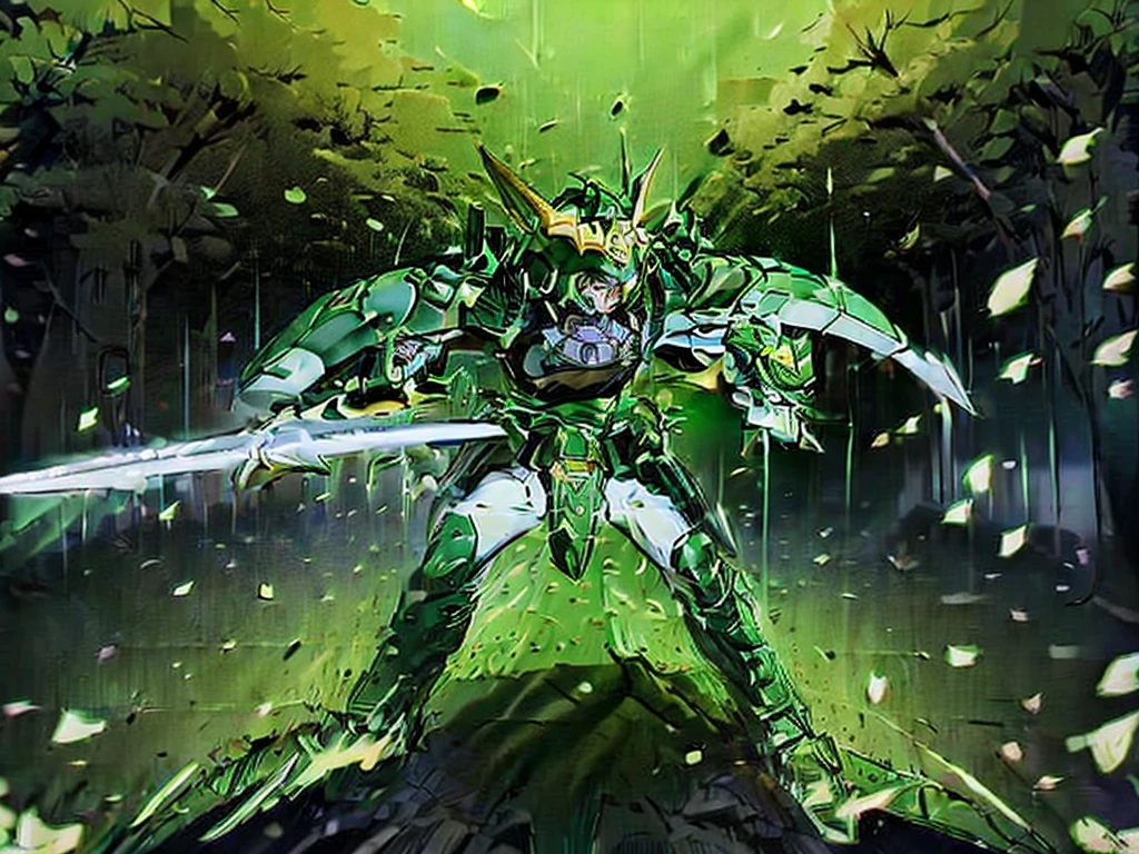 (masterpiece, high quality, vibrant colors: 1.0, anime style, 1980s /(style/), retro art style, clean brush strokes, highly detailed, perfect anatomy), ((Korin Seiji)), male, solo, (beautiful eyes detailed), blue eyes, (blonde hair, short hair, messy hair, asymmetrical parting, flipped hair), straight face, cowboy shot, (huge chest: 1.2, green armor, Korin's armor), (hard chest), slim waist: 1.0, wide hips 1.4, (waist armor, Korin's, realistic, highly detailed), (standing, leaning low, legs spread, holding a samurai sword), looking at the viewer, (cave background, on a rock), (front view, shot from below), holding a samurai sword in his hand, Korin Seiji