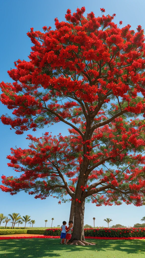 "A large adenium tree with bright red stacked flowers 'Double Knock Out', each branch is covered with dazzling layered flower petals, creating a spectacular colorful scene. being looked at by a small child"