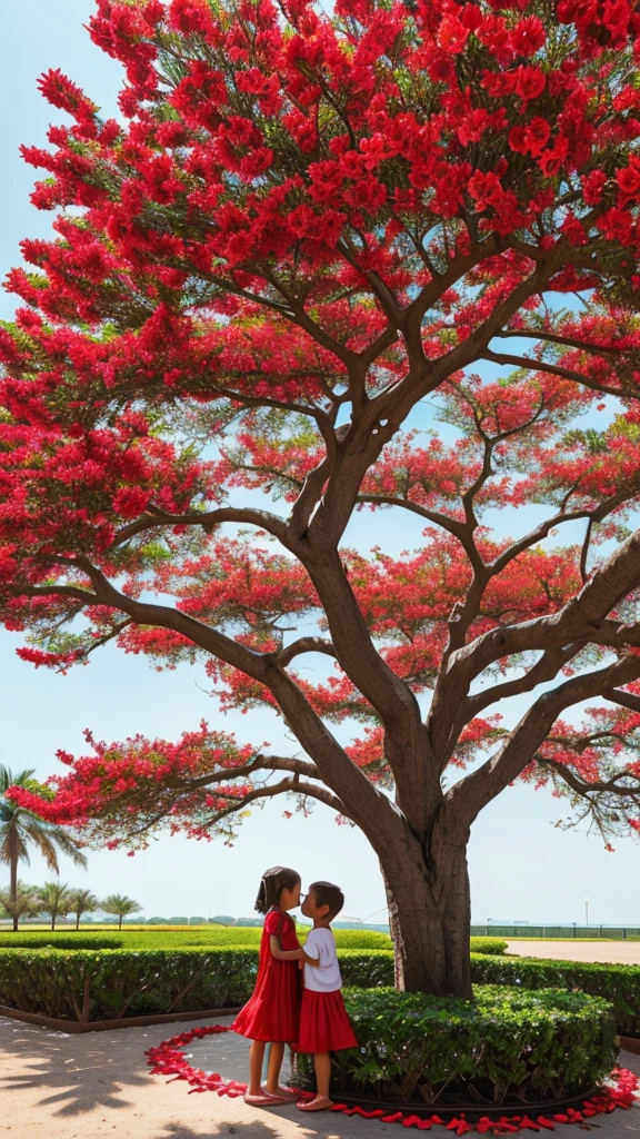 "A large adenium tree with bright red stacked flowers 'Double Knock Out', each branch is covered with dazzling layered flower petals, creating a spectacular colorful scene. being looked at by a "