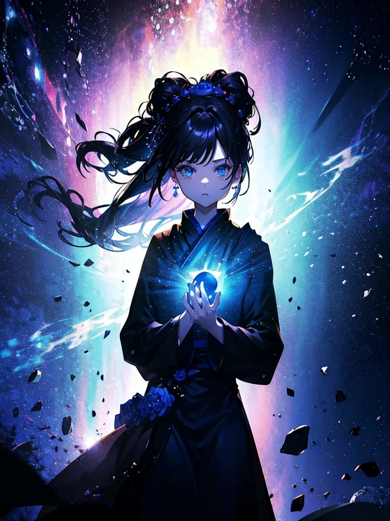 25-year-old girl、Rune background、black magician、Wearing a black robe、mesmerize、cute woman、Elegant hairstyle、indigo hair color、Slightly shorter hair、blue eyes、look at the viewer、masterpiece、Best image、